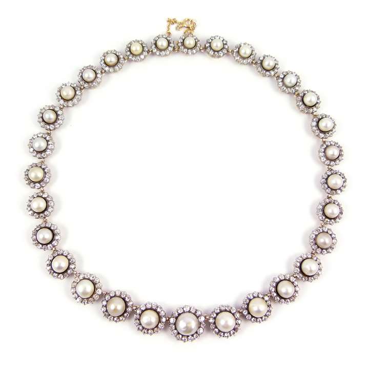 Antique graduated pearl and diamond cluster necklace